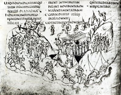 Ulike scener som illustrerer en salme, fra Utrecht Psalter, kopi av originalen fra Reims nå i Utrecht University Library (penn og blekk) av Carolingian School