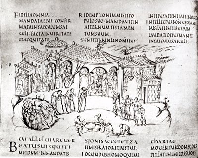 Ulike scener som illustrerer en salme, fra Utrecht Psalter, kopi av originalen fra Reims nå i Utrecht University Library (penn og blekk) av Carolingian School