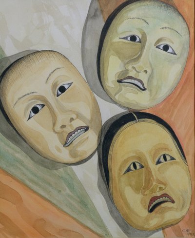 Orientalske masker (penn og blekk og wc på papir) av Carolyn Hubbard Ford