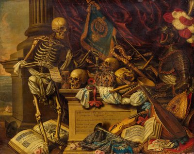 Vanitas Still Life med musikkinstrumenter, bøker, noter, skjelett, hodeskalle og rustning, 17. e.kr. av Carstian Luyckx