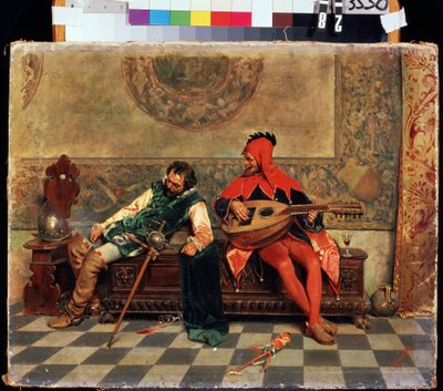 Full kriger og hoffnarr. Maleri av Casimiro Tomba (1857-1929). Olje på lerret, 37 x 47 cm. Italiensk kunst fra 1800-tallet. M. Kroshitsky kunstmuseum, Sevastopol. av Casimiro Tomba