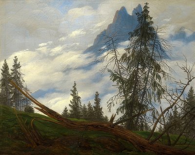 Fjelltopper med bevegelige skyer. Rundt 1835 av Caspar David Friedrich