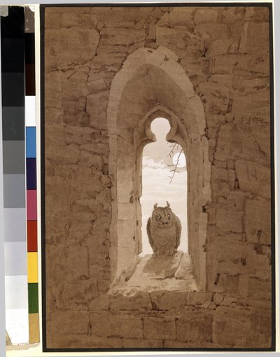 Ugle i et gotisk vindu. Verk av Caspar David Friedrich (1774-1840), blyant, pensel og sepia på papir av Caspar David Friedrich