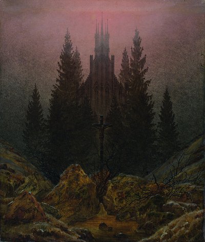 Kors og katedral i fjellene av Caspar David Friedrich