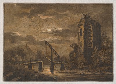 Landskap med vindebro og ruin i måneskinn av Caspar David Friedrich