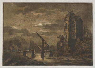 Landskap med vindebro og ruin i måneskinn av Caspar David Friedrich