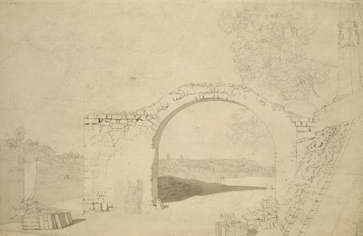 Elvelandskap med bue (uferdig) (blyant, penn og wc på papir) av Caspar David Friedrich