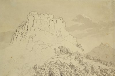 Rocky Hilltop med en Wooded Hill foran (blyant, penn og wc-vask på papir) av Caspar David Friedrich