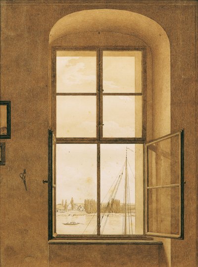 Utsikt fra vinduet til kunstnerens atelier, høyre vindu, 1805-1806. av Caspar David Friedrich