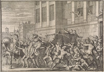 Angrep i Madrid på vognen til greven av Olivares, Gaspard de Gusmán, 1643 av Caspar Luyken (attributed to)