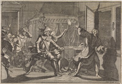 Albrecht von Wallenstein, hertug av Friedland, blir myrdet av sine egne soldater, 1634 av Caspar Luyken (attributed to)