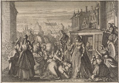 Kvinner som kneler foran dronning Anna i Paris, ber henne om å kutte skatter, 1645 av Caspar Luyken (attributed to)