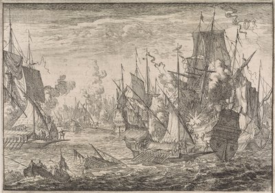 Sjøslag mellom tyrkiske krigsskip og bysser fra Knights of Malta, 1644 av Caspar Luyken (attributed to)