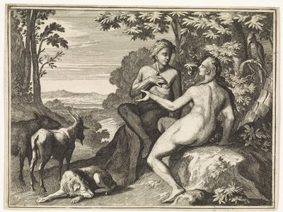 Adam og Eva omgitt av dyrene i paradis av Caspar Luyken