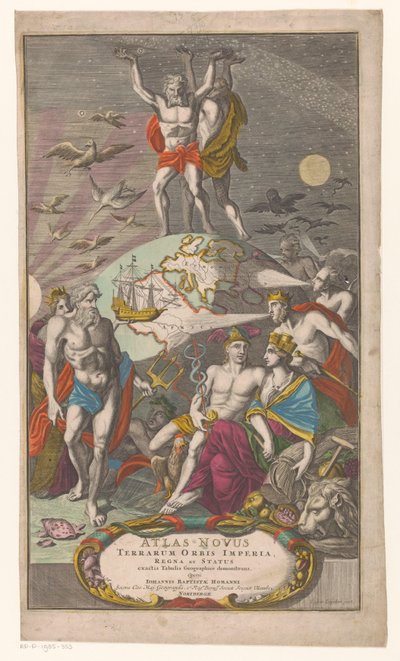 Atlas en Hercules bærer sternerhemel Tittelside for: Johann Baptista Homan, A New Atlas of the World Empires, Kingdoms and States viser eksakte geografiske tabeller, 1710 av Caspar Luyken