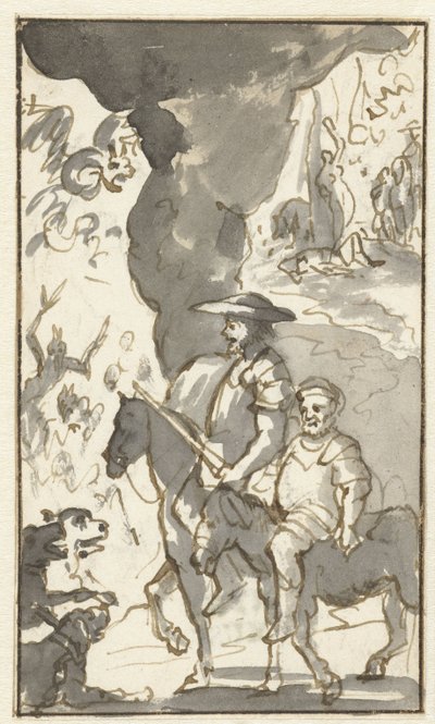 Don Quichotte og Sancho Panza kjører forbi en smie Design for det femte bindet av Histoire de l