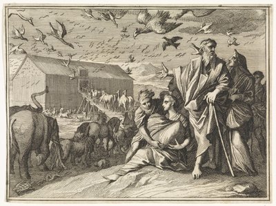 Noah og familien hans begir seg mot arken av Caspar Luyken