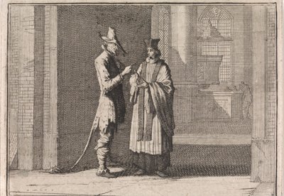 Prest i samtale med djevelen foran inngangen til en kirke av Caspar Luyken