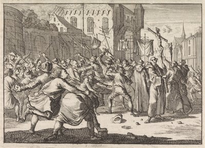 Ved Danzig blir en prosesjon møtt av folket med steiner, 1678 av Caspar Luyken