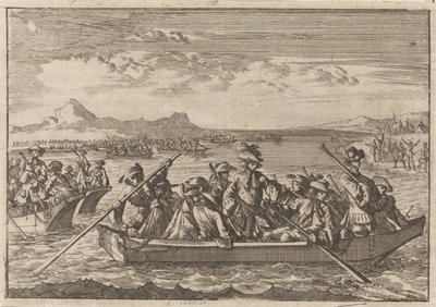 Waldensere jaget fra Savoy vender tilbake til landet sitt i lektere over Genfersjøen, 1689 av Caspar Luyken