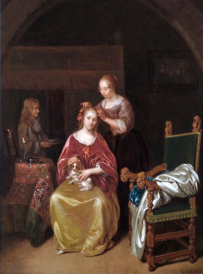 A Lady At Her Toilet, ca. 1665 (olje på eikepanel) av Caspar Netscher