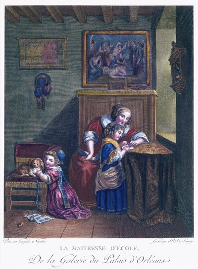 Skolefruen, gravert av R. Delaunay av Caspar after Netscher
