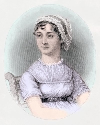 Portrett av Jane Austen, ca. 1850 (håndfarget gravering) av Cassandra (after) Austen