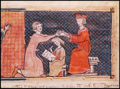 Den kongelige aktor, skriftlæreren og føydalherren, fra Capbreu de Clayra et de Millas 1292 av Catalan School