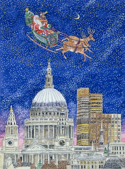 Julenissen flyr over London (wc på papir) av Catherine Bradbury