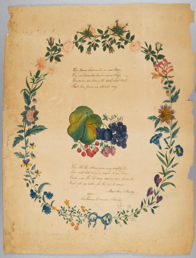 Uten tittel (dikt og dekorativ krans) (wc, grafitt og blekk på papir) av Catherine Emma Manley