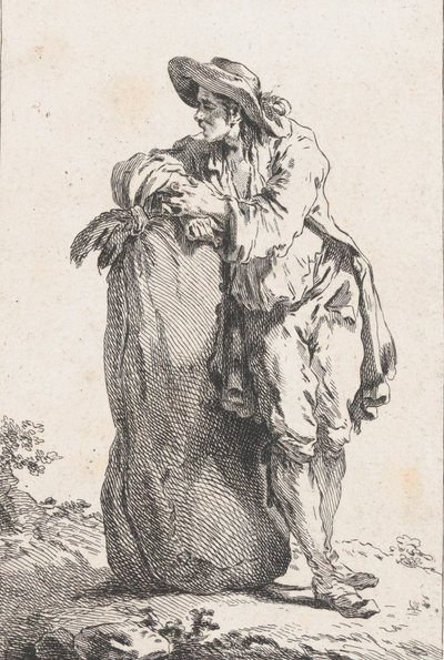 Bonde lener seg på en sekk med korn, 1758. av Catherine Francoise Beauvarlet