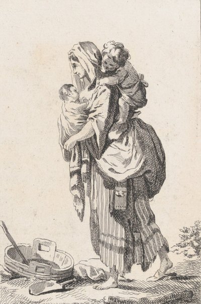 Bondekvinne med to barn, ca. 1758. av Catherine Francoise Beauvarlet