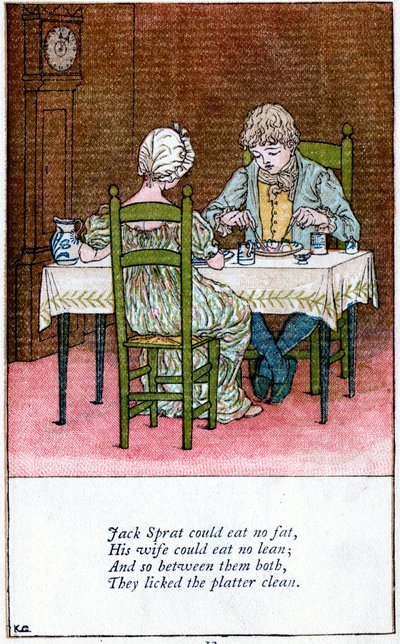 Illustrasjon for "Jack Sprat kunne ikke spise noe fett", Kate Greenaway 1846-1901 av Catherine Greenaway