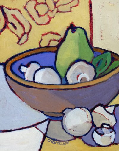 Den ydmyke soppen og den grønne pæren, 2025 (olje på lerret) av Catherine J Martzloff