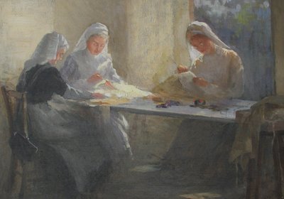 Kensington War Hospital Supply Depot (Kensington Square), tre sykepleiere som sitter ved et bord og syr, ca. 1916 (olje på lerretstavle) av Catherine Ouless
