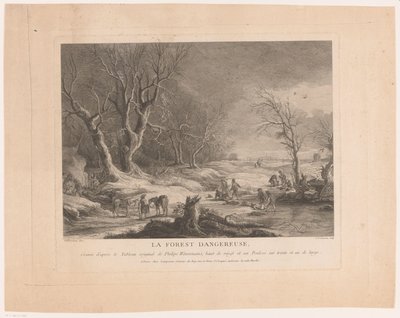 Vinterlandskap med angrepne figurer La forest dangereuse (tittel på objekt) av Cathérine Elise Cousinet