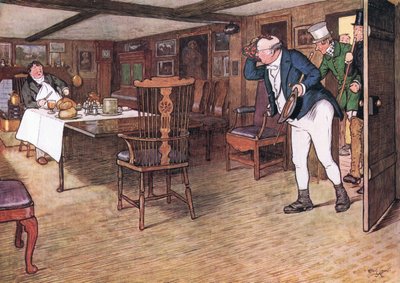 Ved bordet satt herr Tupman og så ut som ulik en mann som hadde tatt avskjed med denne verden (farge litho) av Cecil Charles Windsor Aldin