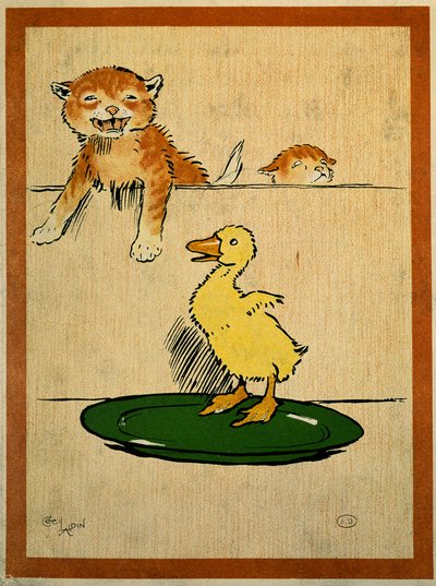 Katter og and. Tegning av Cecil Aldin (1870-1935). Paris, dekorativ kunst av Cecil Charles Windsor Aldin