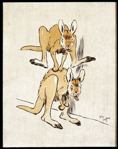 Komiske kenguruer. To kenguruer spiller et sauehopp. av Cecil Charles Windsor Aldin