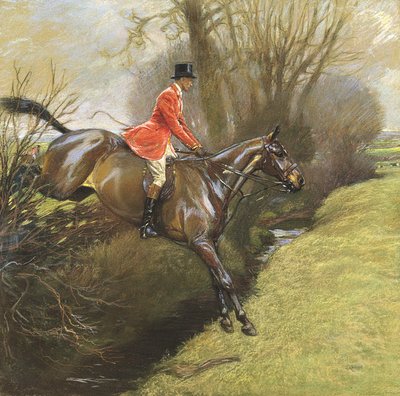 Oberstløytnant Ted Lyon Jumping a Hedge (pastell på papir) av Cecil Charles Windsor Aldin