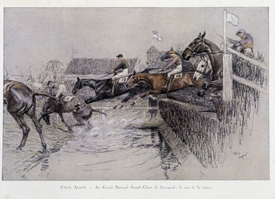 The Grand National Steeple Chase in Liverpool: The Jumping of the River - tegning av Cecil adlin av Cecil Charles Windsor Aldin