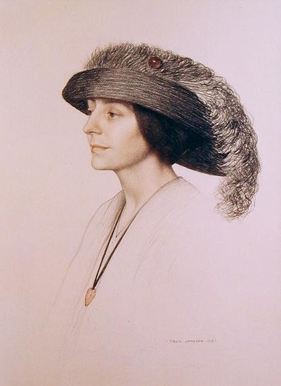 Ung kvinne iført en fjærkledd hatt av Cecil Stuart Jameson