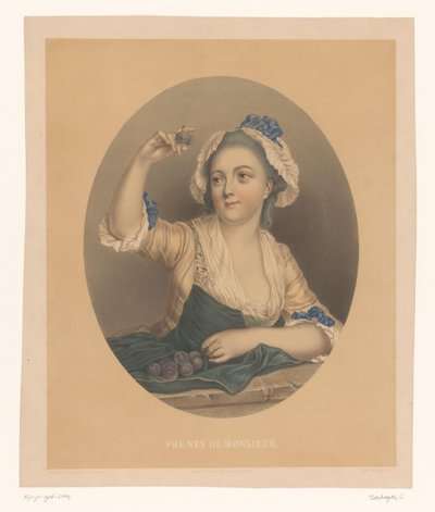 Ung kvinne med plommer Prunes de Monsieur (tittel på objekt) av Celestin Deshayes