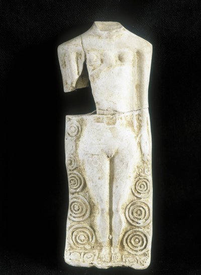 Kvinne med tre bryster. Statuett laget av den keltiske keramikeren "" Rextuguenos"" signatur og rouelles (kun kjent armorikansk keramiker), for Laraire (bedested i en romersk villa) av Celtic