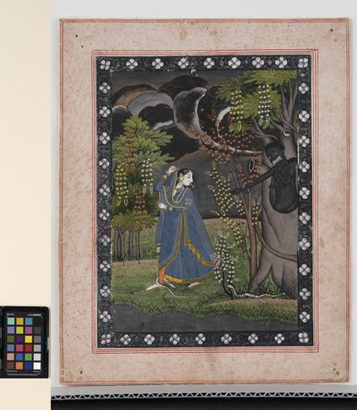 Abhisarika Nayika, ca. 1820 (ugjennomsiktige pigmenter og gull på papir) av Central Indian School