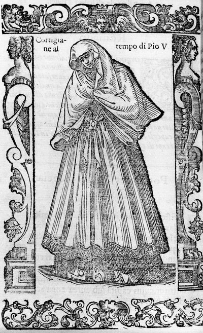 Renessanse: en kurtisane på tiden til pave Pius V (1566-1572). Gravering fra "" Moderne og eldgamle kostymer"" av Cesare Vecellio av Cesare (attr. to) Vecellio