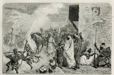 En ung gutt bærer seg i triumf ved returen av omskjæringsseremonien, midt i mengden som skyter pistolskudd i luften, mens han skriker og koser seg igjen, gravering av C.Biseo for å illustrere historien Le Maroc av Edmondo de Amicis , i av Cesare Biseo
