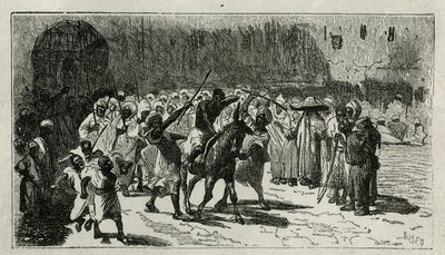 chatiment av en tyv, klatrer på et muldyr, han mottar batonger under fargene av mengden, gravering av C.Biseo, for å illustrere historien Le Maroc av Edmondo de Amicis, i 1875, publisert i tour du monde, under retning av Edouard Charton av Cesare Biseo