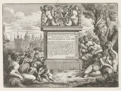 Dedikasjon til og våpenskjold til Agostino Chigi og utsikt over Roma Fontane di Roma (serietittel) Fountains of Rome (serietittel) av Cesare Fantetti