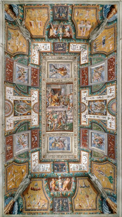 Pier Maria Rossi har æren av St. Michael-ordenen, utsikt over taket på Sala delle Gesta Rossiane, Rocca dei Rossi, San Secondo, Parma, Italia, ca. 1570 (fresco) av Cesare and Jacopo Bertoia and others Baglione